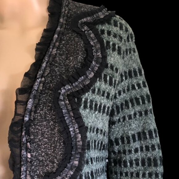 ARIS Wool Blend Contrast Ruffles Scalloped Placket Winter Knit Cardigan NEW Sz M - Picture 2 of 5